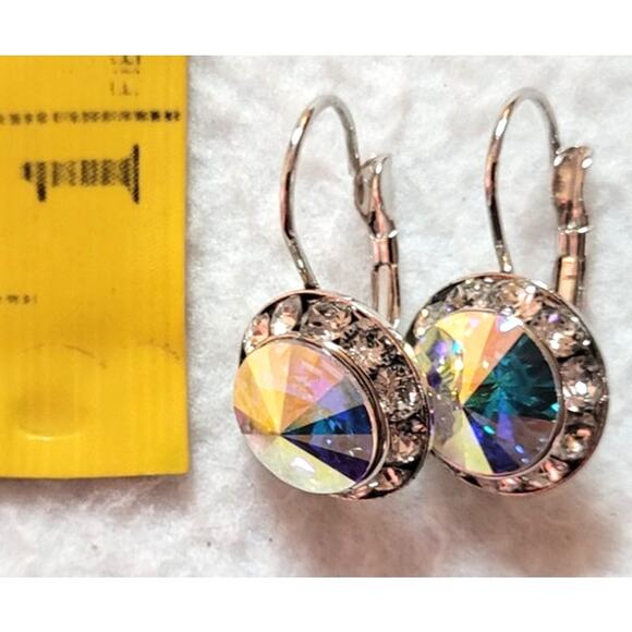 Crystal AB Round Earrings Silvertone Leverback Ear Wires Rainbow Iridescent - Picture 2 of 6